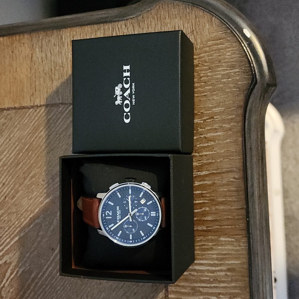 COACH Bleecker Chronograph Navy Blue Dial Leather Strap Watch